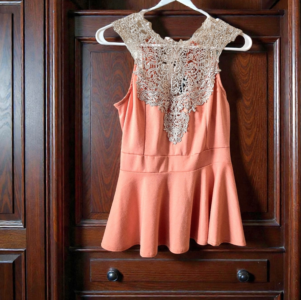 Julie's Closet Pink Peplum Top Lacy w Back Ribbon Tie Y2K Cottagecore Fairy / L